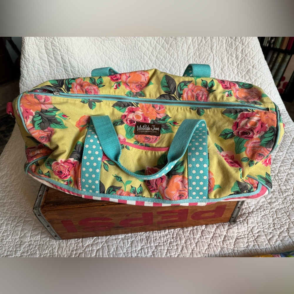 Matilda Jane Cotton Canvas Coming Up Roses Zip Top Duffle Bag Floral Striped